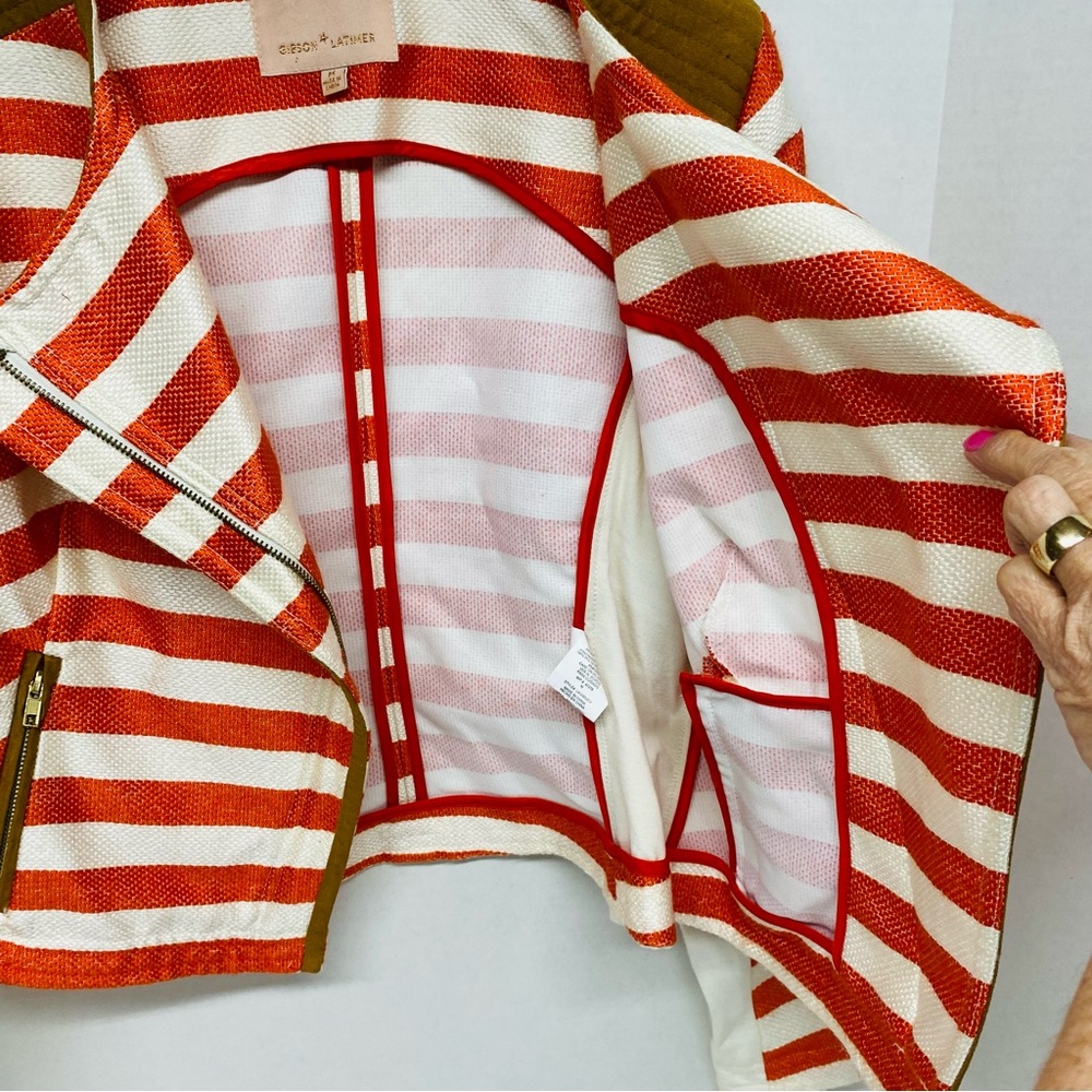 Gibson Latimer Striped Jacket Moto Jacket Orange/Coral Beige Medium Zip Front - Picture 5 of 16